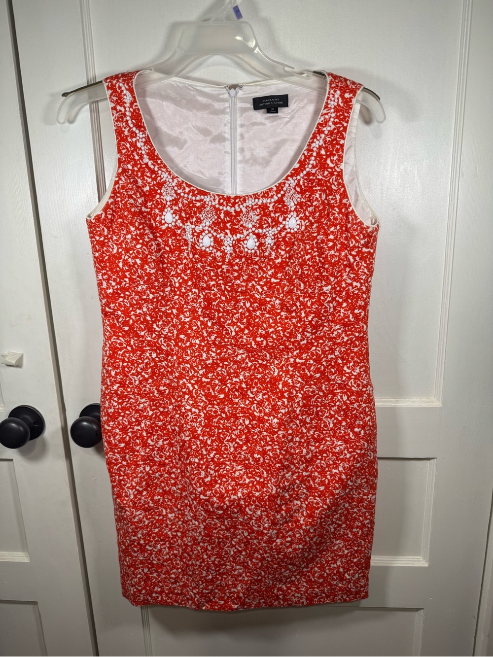 Sleeveless Orange and White Print Shift Dress with Beaded Scoop Neckline